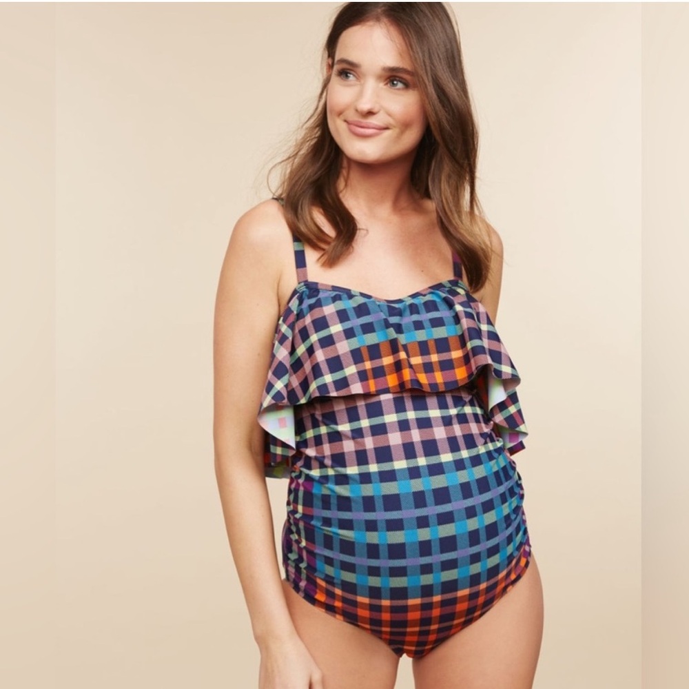 MOTHERHOOD MATERNITY Beach Bump Ruffle Top Patchwork Rainbow Gingham Swimsuit